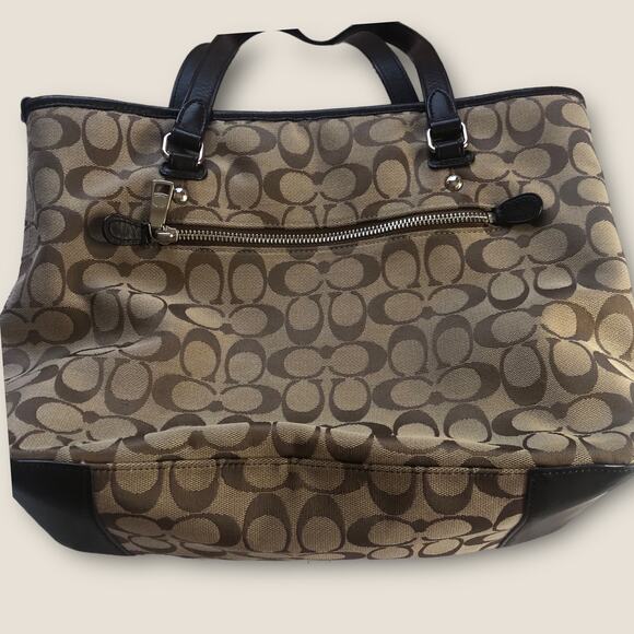 Authentic Coach Jacquard Monogram Tote Purse Brown Tan with Leather Trim - Picture 7 of 15